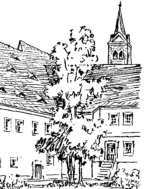 Blick vom Innenhof des Hospitals auf die Kirche (Grafik Karl Bedal)