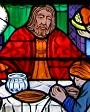 Das Gastmahl (Lk 14, 16f.). Detail aus den Glasfenstern der Hospitalkirche. Zum Vergrern Klicken!